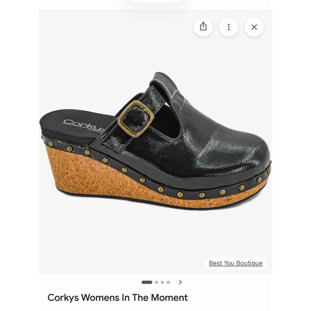 Corkys In the Moment crinkle patent black wedges size 10